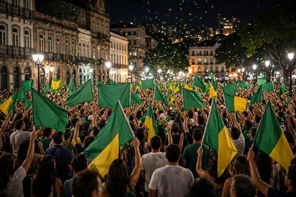 Supporters celebrating Lula's election victory in Brazil, waving Brazilian flags at night