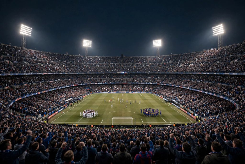 Real Madrid players celebrating a late El Clasico win at Camp Nou
