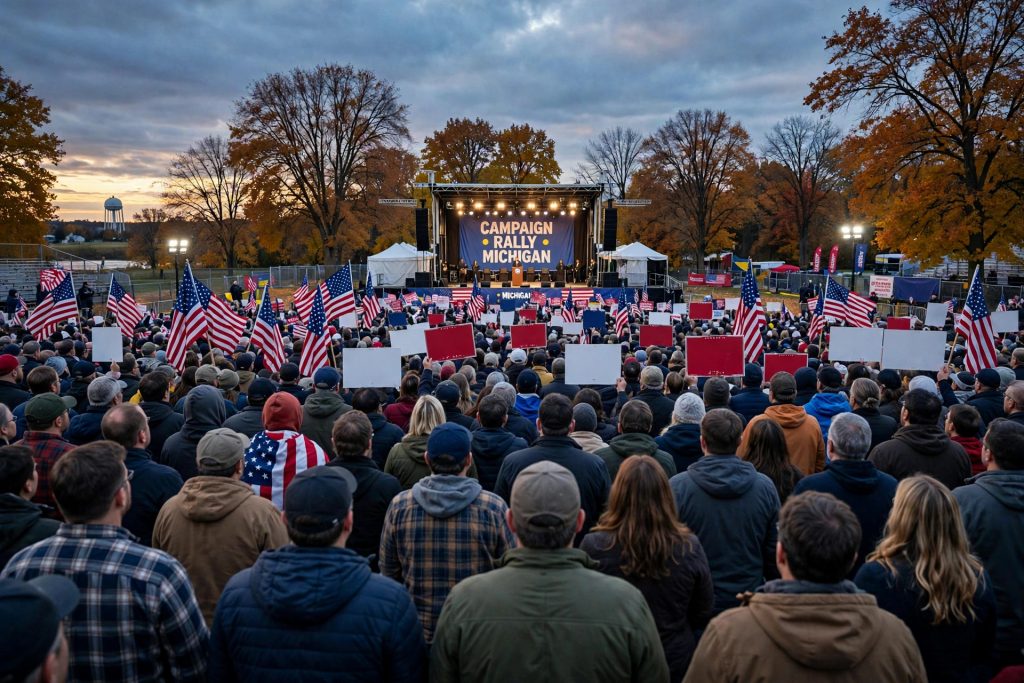 Crowd at a campaign rally in Michigan with United States flags