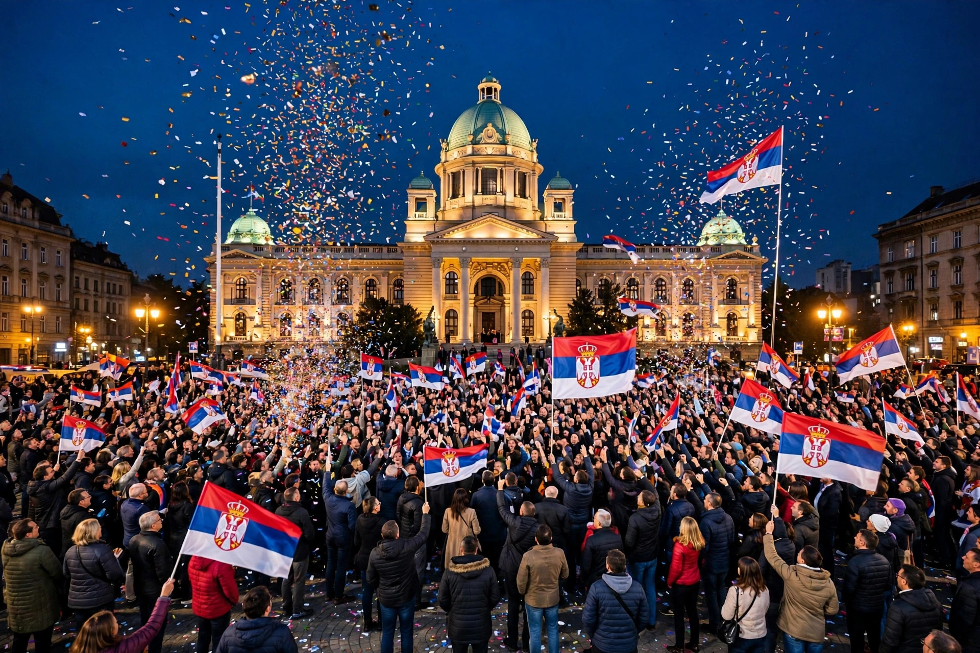 Crowds celebrating Serbia's student-led election result in Belgrade